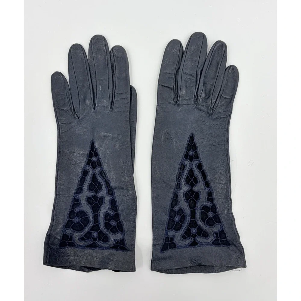 Vintage Navy Blue Leather Driving Gloves Lace Cut Outs